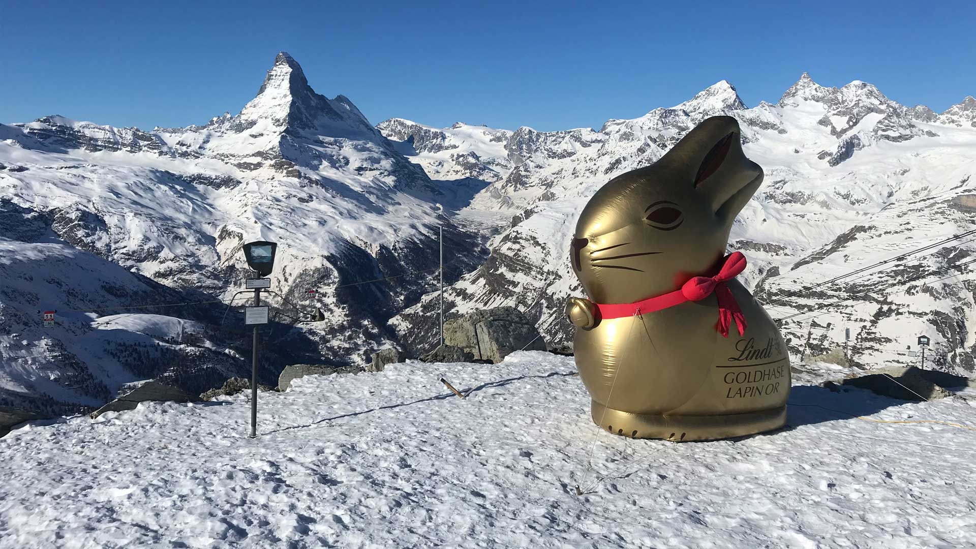 aufblasbarer-werbetraeger-Lindth-Spruengli-Zermatt Aufblasbarer Osterhase für Lindt & Sprüngli steht oberhalb Zermatt